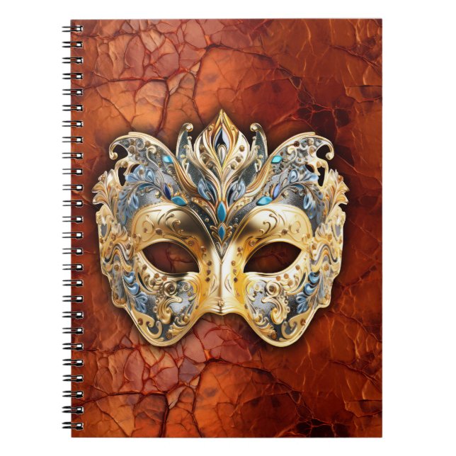 Caderno Espiral Máscara veneziana luxuosa sobre fundo de ferrugem  (Frente)