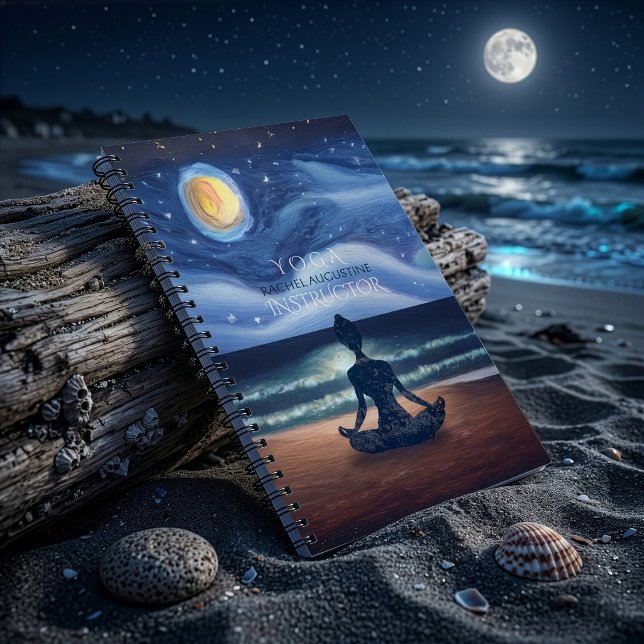 Caderno Espiral Meditação pacífica de ioga em lua, Sky Ocean Beach (Criador carregado)