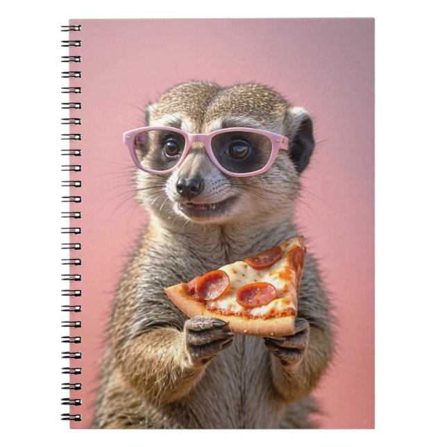 Caderno Espiral Meerkat bonito com óculos e pizza (Frente)