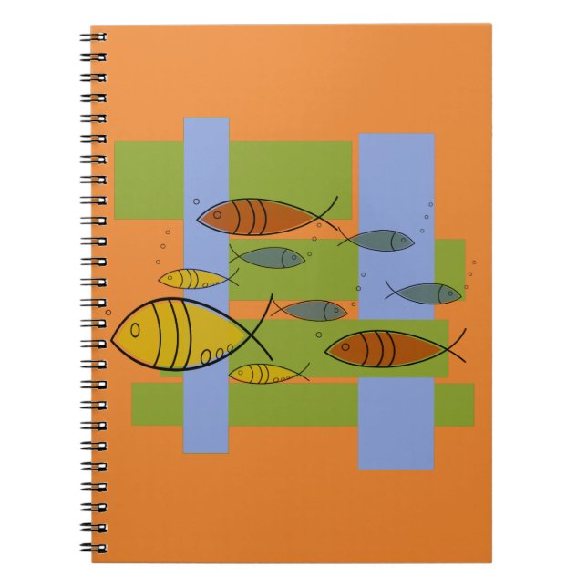 Caderno Espiral Meio século Peixe Retro Moderno Nadando Laranja (Frente)
