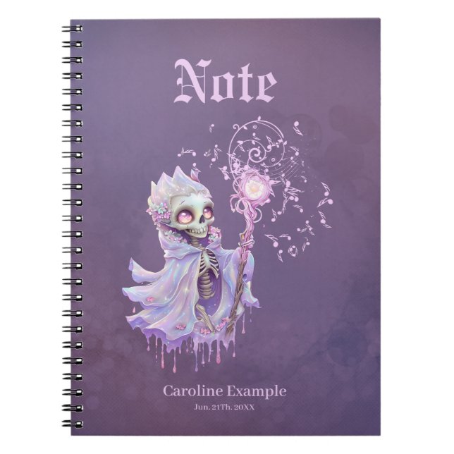 Caderno Espiral Melodias mágicas do esqueleto roxo giro. (Frente)