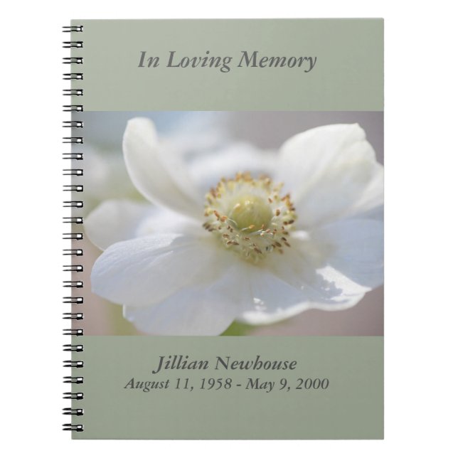 Caderno Espiral Memorial de close-up de anemone branco (Frente)