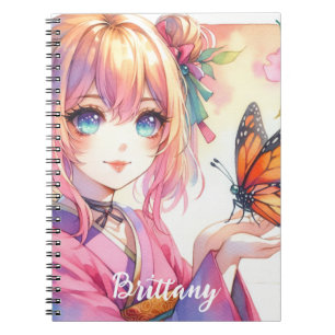 Caderno Espiral Menina animada segurando borboleta personalizada
