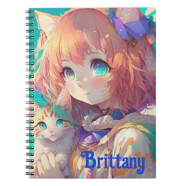 Caderno Espiral Menina Anime Personalizada e Bonita com Gatinho Fo (Frente)