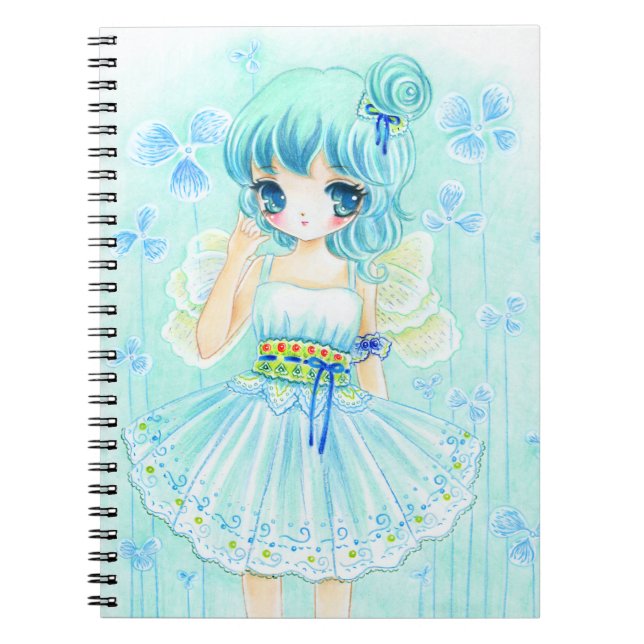 Caderno Espiral Menina azul bonito da fada do anime (Frente)