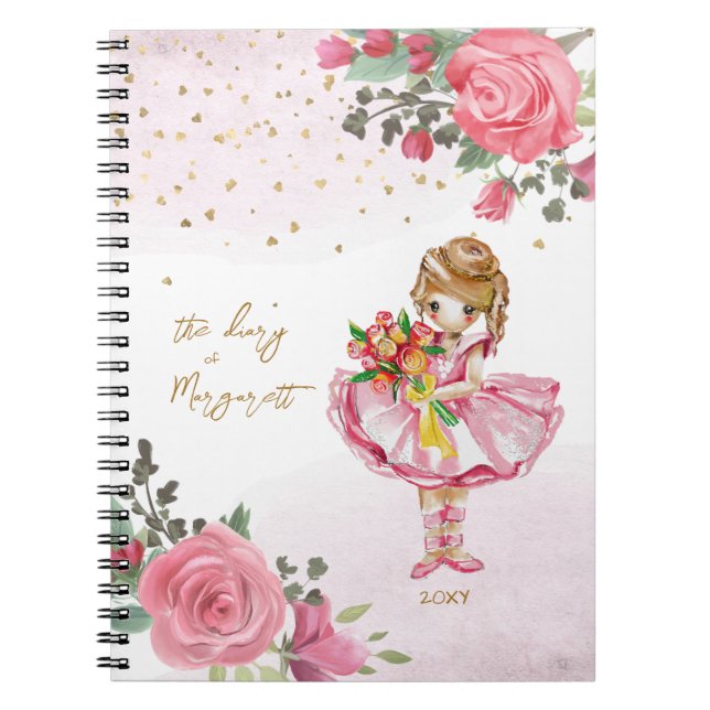 Caderno Espiral Menina Ballet Floral Rosa Seu Diário Diário Delica (Frente)