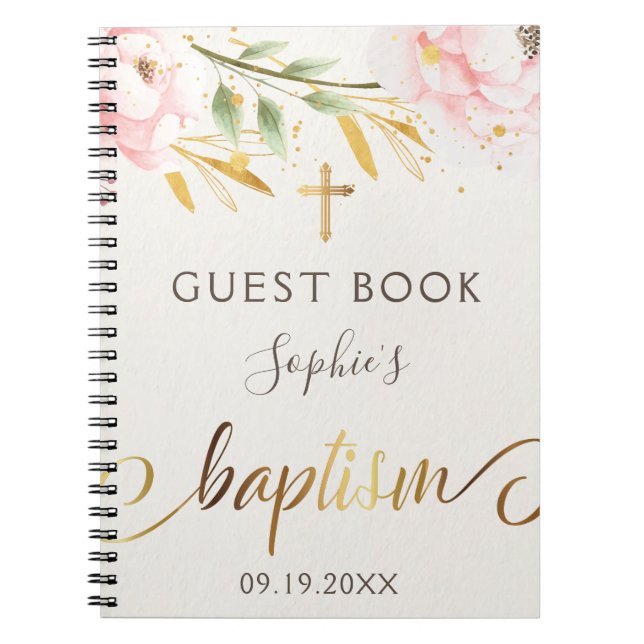 Caderno Espiral Menina Baptism Floral Guest Book (Frente)