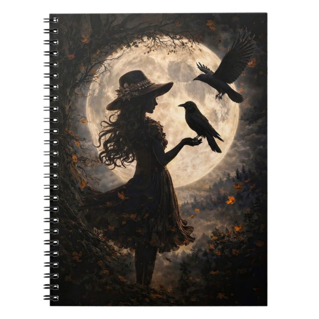 Caderno Espiral Menina Boho Mística e Diário da Lua dos Corvos (Frente)