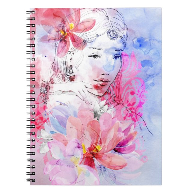 Caderno Espiral Menina bonita com um buquê das flores (Frente)