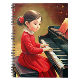 Caderno Espiral Menina bonita de vestido vermelho tocando piano
