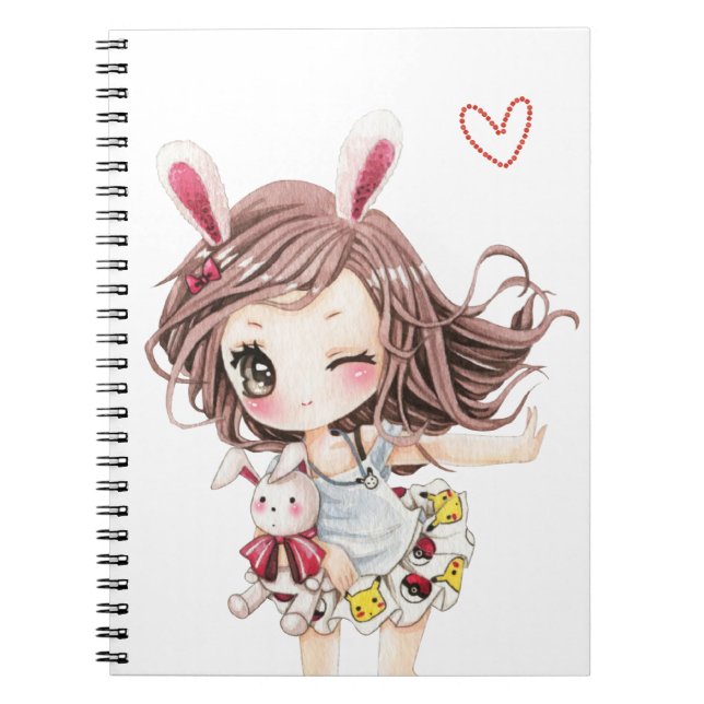 Caderno Espiral Menina bonito do chibi do coelho (Frente)