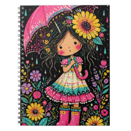 Caderno Espiral Menina Caprichosa com Guarda-Chuva Arte Noturna Fl