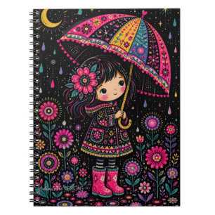Caderno Espiral Menina Caprichosa com Guarda-Chuva Floral Noite Es