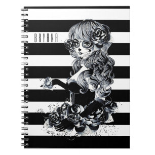 Caderno Espiral Menina Caveira Doce Bonita Listrada de Preto e Bra