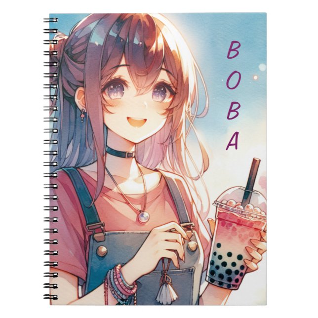 Caderno Espiral Menina de animação bonita segurando uma chá Boba (Frente)