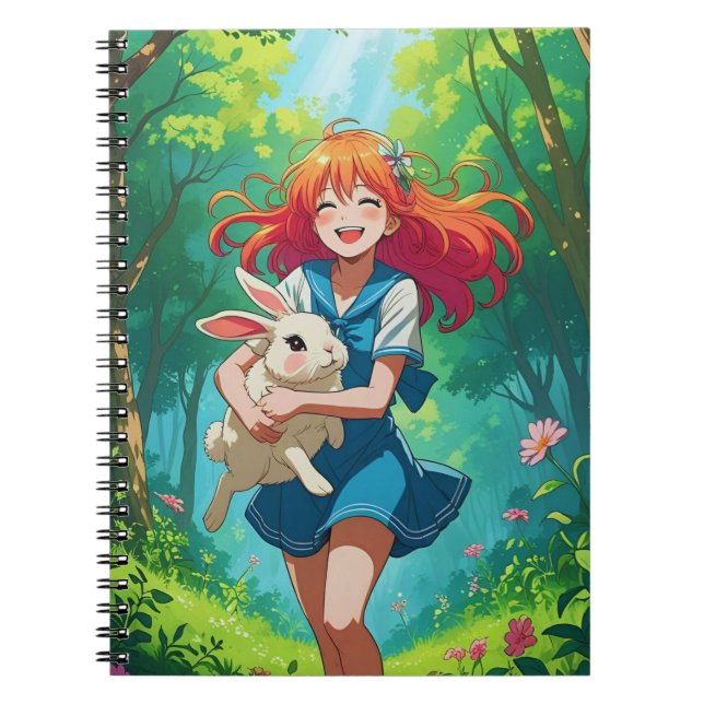 Caderno Espiral Menina de anime de cabelos brancos com seu coelhin (Frente)