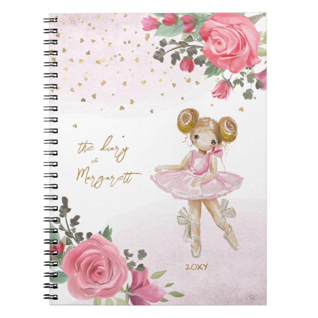 Caderno Espiral Menina de Ballet Floral Rosa Seu Diário Diário Ado (Frente)