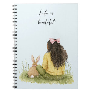 Caderno Espiral Menina de Cabelo Preto Laço Rosa Bunny Floral Gram