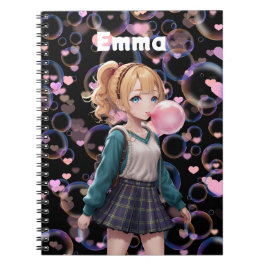 Caderno Espiral Menina Fofa, Bolha de Chiclete Rosa, Personalizado