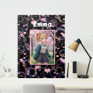 Caderno Espiral Menina Fofa, Bolha de Chiclete Rosa, Personalizado
