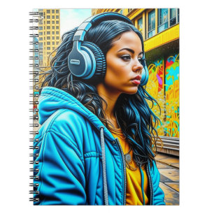 Caderno Espiral Menina Latina em ambiente urbano com Fones de ouvi