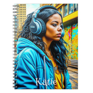 Caderno Espiral Menina Latina em ambiente urbano com Fones de ouvi