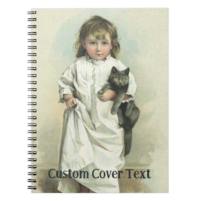 Caderno Espiral Menina Vitoriana Antiga em Camisola com seu Gato (Frente)