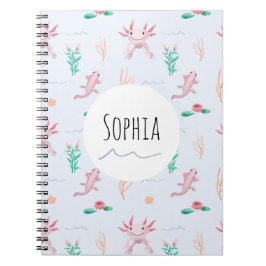 Caderno Espiral Meninas Cute e Crianças com Padrão Axolotl Rosa Ún