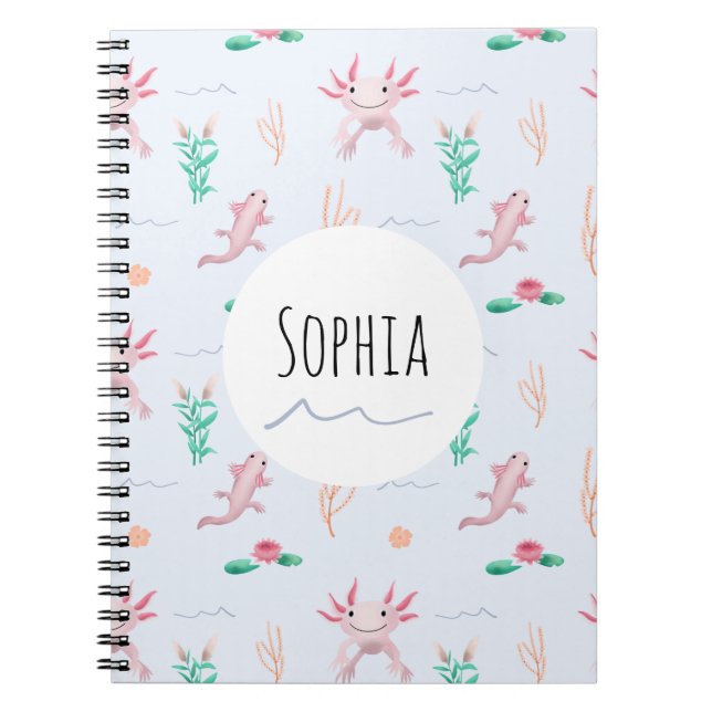 Caderno Espiral Meninas Cute e Crianças com Padrão Axolotl Rosa Ún (Frente)