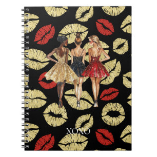 Caderno Espiral Meninas em Glam Gold Vestidos Pretos Vermelhos Bei