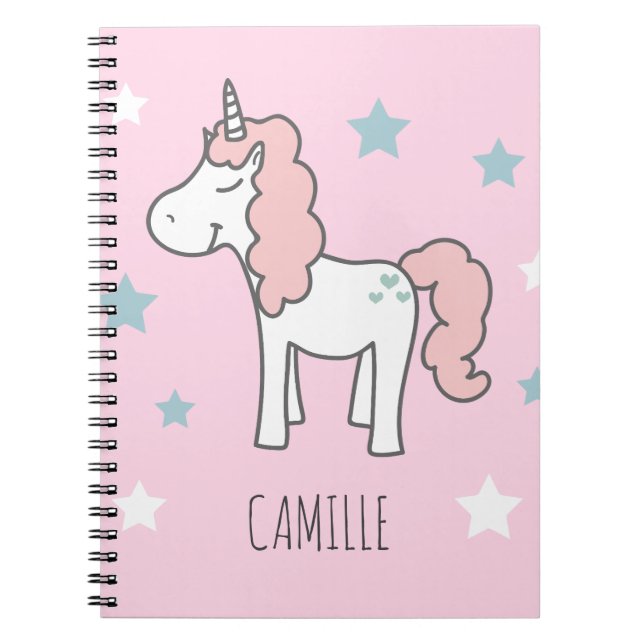 Caderno Espiral Meninas Fofo Mágico Unicórnio Rosa Crianças Escola (Frente)