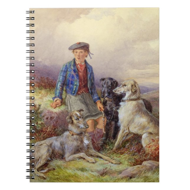 Caderno Espiral Menino escocês com wolfhounds em um landsca das (Frente)