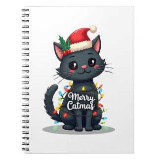 Caderno Espiral Merry Catmas Black Cat Christmas Light Xmas Family