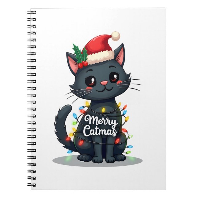 Caderno Espiral Merry Catmas Black Cat Christmas Light Xmas Family (Frente)