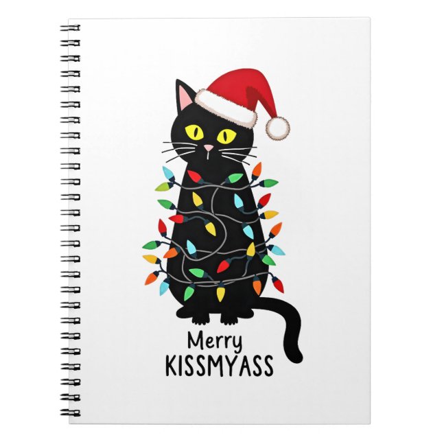 Caderno Espiral Merry Kissmyass Funny Cat Christmas Lights Premium (Frente)