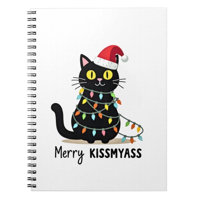 Caderno Espiral Merry Kissmyass Funny Cat Christmas Lights Premium (Frente)