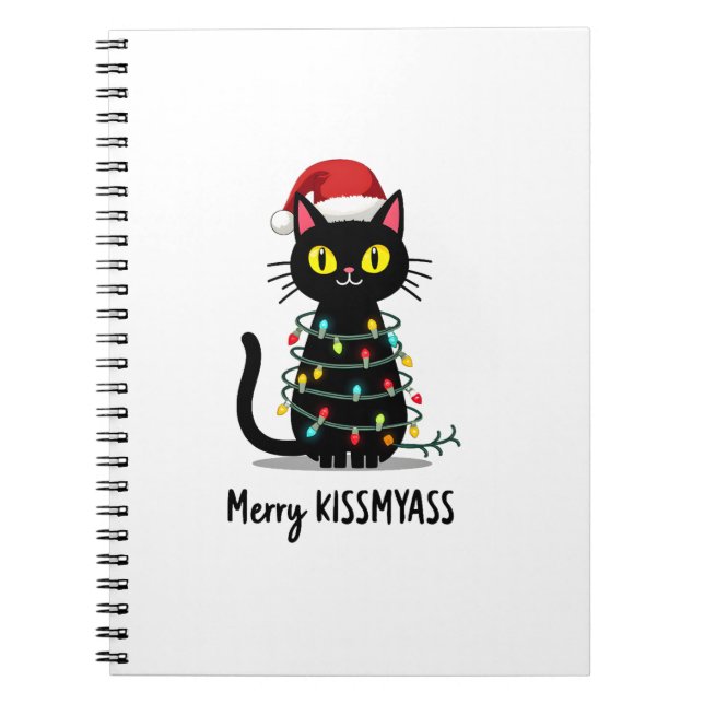 Caderno Espiral Merry Kissmyass Funny Cat Christmas Lights Premium (Frente)