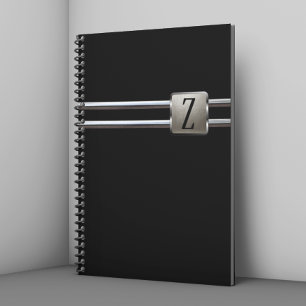 Caderno Espiral Metal Moderno Preto com Monograma Prateado