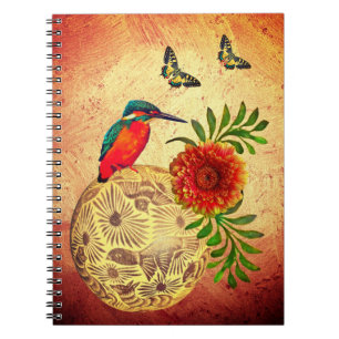 Caderno Espiral México Tons da Terra com pássaro vermelho, borbole