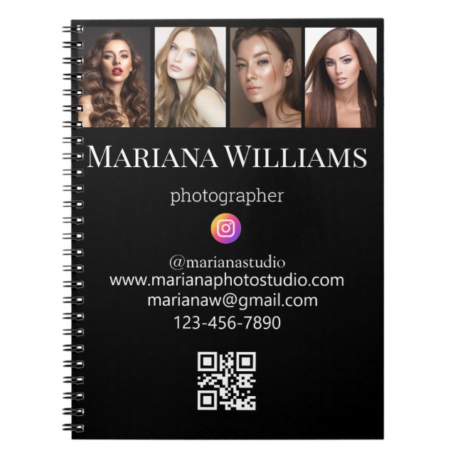 Caderno Espiral mídia social 4 fotos qr código pequena empresa (Frente)