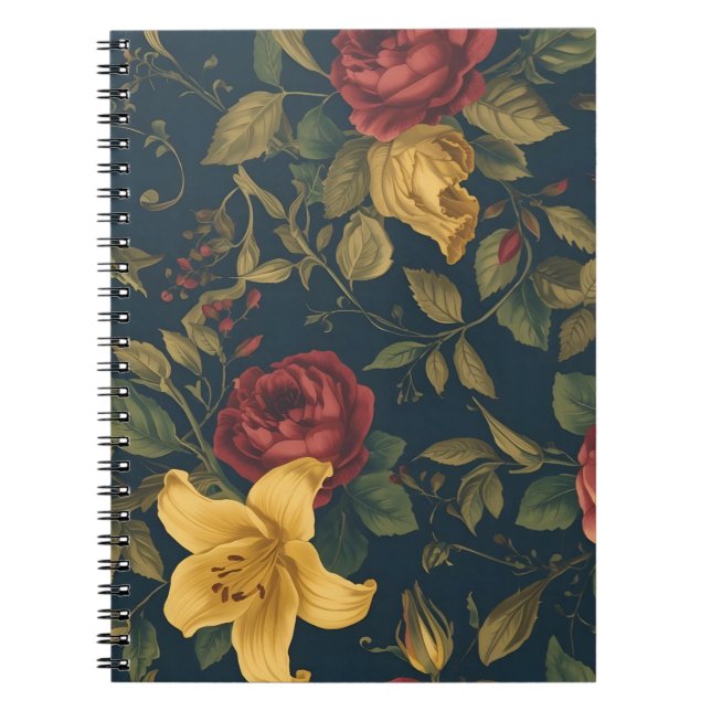 Caderno Espiral Midnight Victorian Floral – Yellow Lilies & Roses  (Frente)