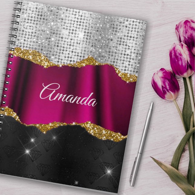 Caderno Espiral Minigrama de prata azul Faux Monograma preto Fuchs (Criador carregado)