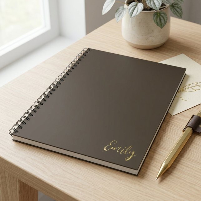 Caderno Espiral Minimalist Brown Gold Script Name Design (Criador carregado)