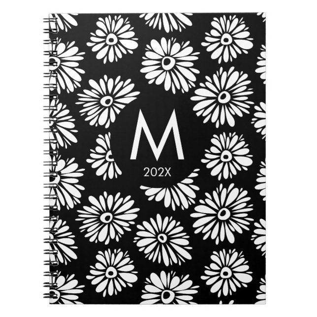 Caderno Espiral Minimalist Groovy Black and White Daisy Monogram (Frente)