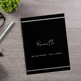 Caderno Espiral Mínimo de script de nome de prata preto
