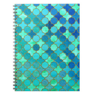 Caderno Espiral Mint Aqua Teal Dourado Padrão do Azulejo Oriental