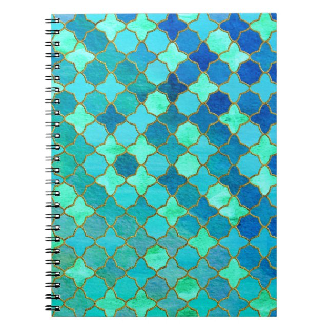 Caderno Espiral Mint Aqua Teal Dourado Padrão do Azulejo Oriental  (Frente)