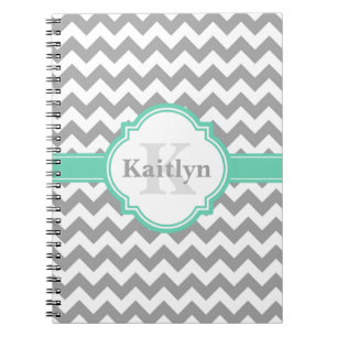 Caderno Espiral Mint Cinza Chevron Pattern & Marroquino Quatrefoil