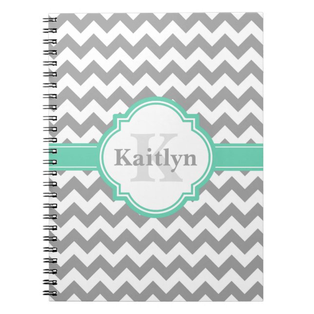 Caderno Espiral Mint Cinza Chevron Pattern & Marroquino Quatrefoil (Frente)