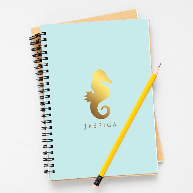 Caderno Espiral Mint e Faux Gold Foil Seacavalo Personalizado (Criador carregado)